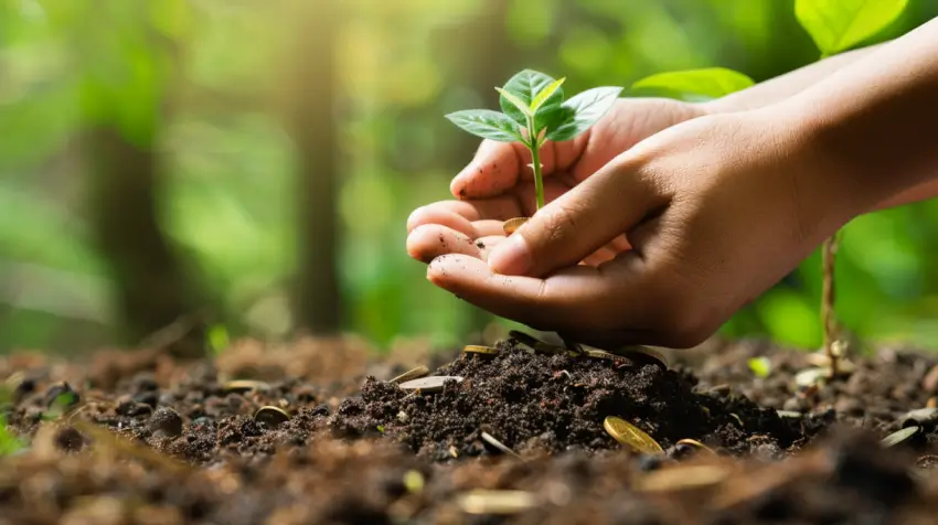 En närbild på händer som försiktigt kupar en liten grön planta som växer i näringsrik jord, med solljus som lyser upp bakgrunden – en symbol för hur smart finansiering, eller rätt lån, kan hjälpa dina investeringar att växa naturligt.