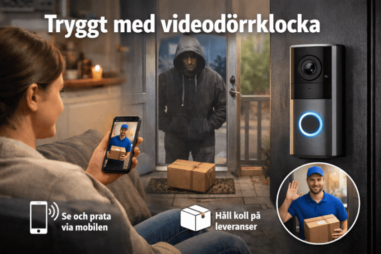 En kvinna i ett hem tittar på sin telefon, som visar en livevideo av en person med huva och ett paket vid hennes dörr. Text på svenska främjar säkerhet med en dörrkamera för smarta hem och visar ikoner för mobil åtkomst och spårning av leveranser.
