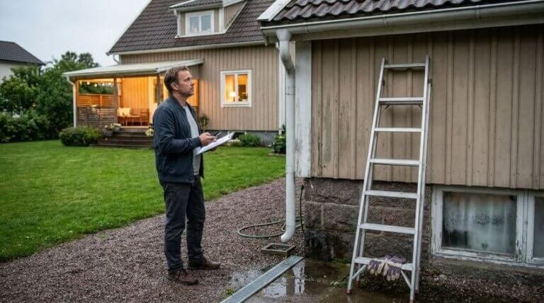 En man med en skrivplatta står bredvid sitt hus och tittar upp mot rännstenen nära en stege som står uppställd mot väggen. Den gröna gården fångar drömmen om hus, med ett annat hus synligt i bakgrunden.