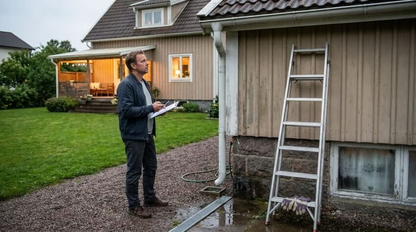 En man med en skrivplatta står bredvid sitt hus och tittar upp mot rännstenen nära en stege som står uppställd mot väggen. Den gröna gården fångar drömmen om hus, med ett annat hus synligt i bakgrunden.