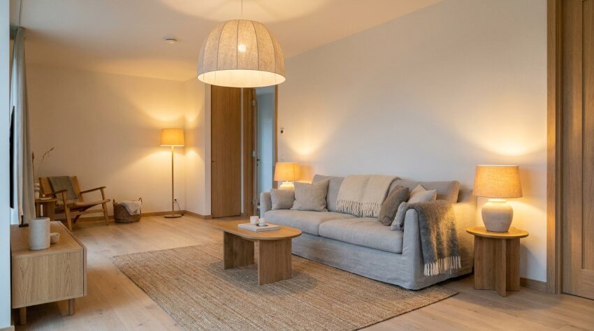 Ett mysigt vardagsrum med en beige soffa, soffbord i trä, två sidobord med lampor, en golvlampa, en fåtölj och neutral inredning. Rummet har trägolv, ljusa väggar och en mjuk belysning.