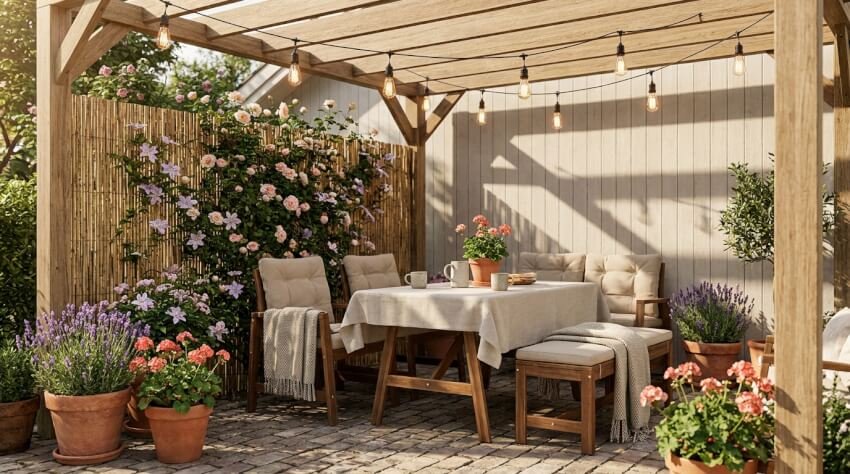 Mysig uteplats med en pergola i trä, ljusslingor, stoppade stolar runt ett bord täckt med en beige duk, krukväxter, lavendel och klätterrosor, på ett stengolv med ett insynsskydd av bambu.