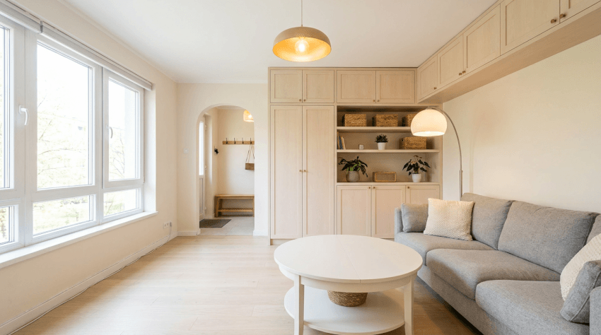 Ett ljust, minimalistiskt vardagsrum med stora fönster, ljusa trägolv, en grå soffa, ett runt vitt soffbord, inbyggda hyllor och skåp samt en golvlampa. En välvd dörröppning leder till ett annat område.