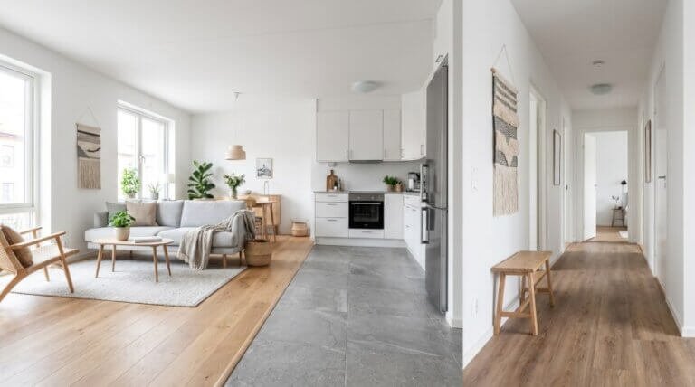 Ljust modernt vardagsrum och kök i öppen planlösning med vita väggar, trä- och klinkergolv, grå soffa, trämöbler, växter och en hall som leder till andra rum. Stora fönster släpper in naturligt ljus.