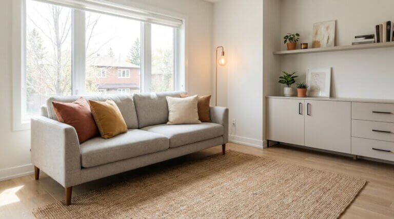Ett modernt vardagsrum med en grå soffa med bruna och gräddfärgade kuddar, ett stort fönster, en vävd matta, en ljusarmatur och ett vitt skåp med inredningsdetaljer och växter på hyllor.