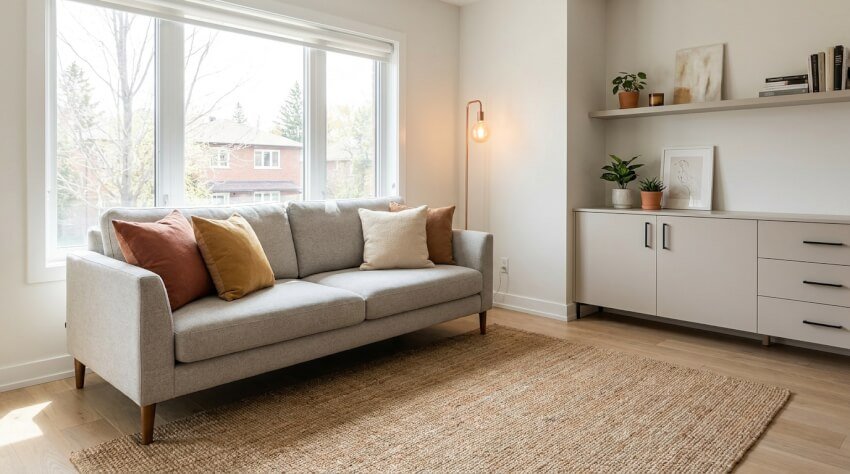 Ett modernt vardagsrum med en grå soffa med bruna och gräddfärgade kuddar, ett stort fönster, en vävd matta, en ljusarmatur och ett vitt skåp med inredningsdetaljer och växter på hyllor.