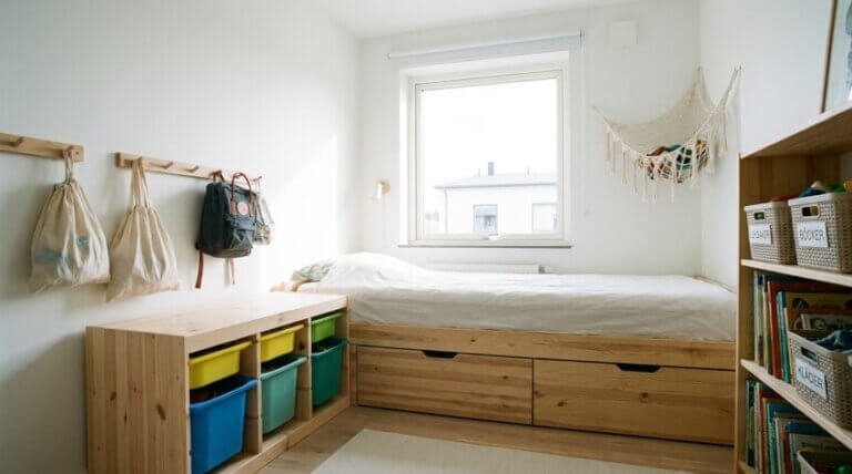 Ett ljust, minimalistiskt sovrum med en träbädd och förvaringslådor, färgglada förvaringskorgar, en bokhylla med böcker, väskor som hänger på krokar, ett förvaringsnät för hängmattan på väggen och ett stort fönster som släpper in naturligt ljus.