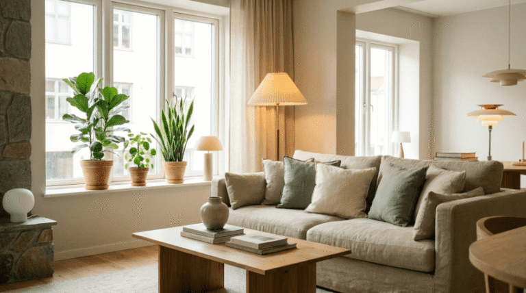 Ett ljust, modernt vardagsrum med stora fönster, krukväxter på fönsterbrädan, en beige soffa med gröna och krämfärgade kuddar, ett soffbord i trä och en dämpad belysning från golv- och bordslampor.