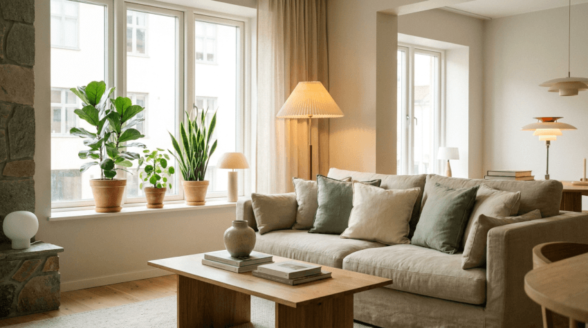Ett ljust, modernt vardagsrum med stora fönster, krukväxter på fönsterbrädan, en beige soffa med gröna och krämfärgade kuddar, ett soffbord i trä och en dämpad belysning från golv- och bordslampor.