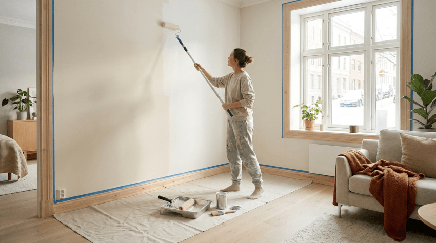 En person målar en ljus vägg med en roller i ett ljust vardagsrum. Golvet är täckt av en skyddspresenning och målarutrustning. Solljuset strömmar in genom ett stort fönster.