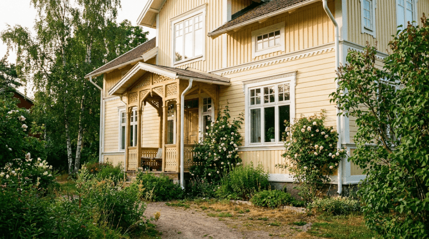 Ett charmigt gult trähus med vita detaljer, omgivet av grönskande buskar, blommande blommor och träd. Huset har stora fönster och en välkomnande veranda under tak, vilket skapar en mysig och inbjudande atmosfär.