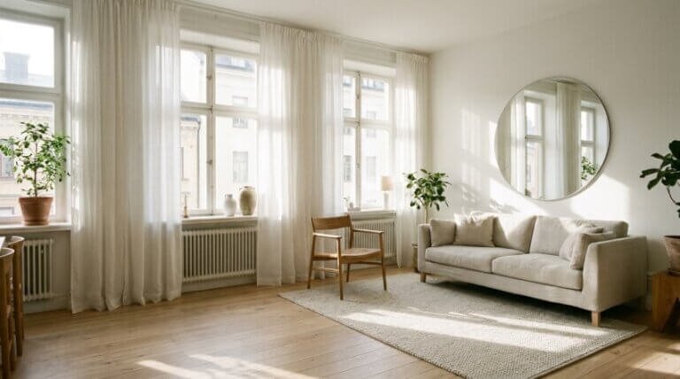 Ett ljust vardagsrum med stora fönster, tunna vita gardiner, en beige soffa, en trästol, en rund spegel, krukväxter och en ljus matta på trägolvet. Solljuset strömmar in och skapar en mysig, minimalistisk stämning.