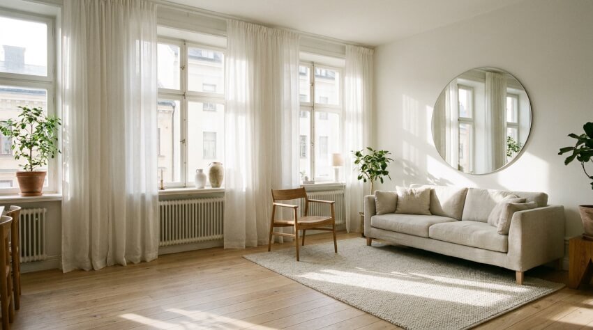 Ett ljust vardagsrum med stora fönster, tunna vita gardiner, en beige soffa, en trästol, en rund spegel, krukväxter och en ljus matta på trägolvet. Solljuset strömmar in och skapar en mysig, minimalistisk stämning.