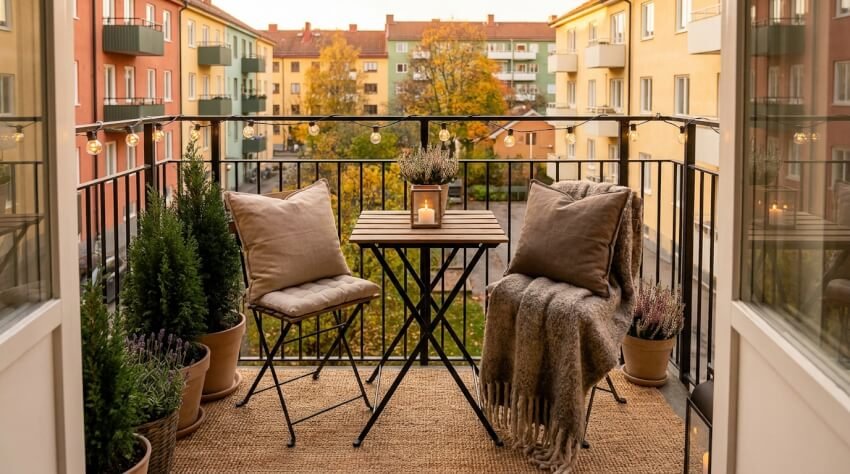 En mysig balkong med två stolar, kuddar, ett bord med ett stearinljus, krukväxter, ljusslingor och höstfärgade byggnader och träd i bakgrunden.