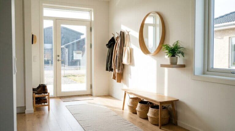 En ljus hall med en glasdörr, klädkrokar med upphängda jackor, en rund spegel, en träbänk med korgar, en liten hylla med en växt, ett fönster och ett skoställ. Solljuset fyller rummet och skapar en mysig stämning.
