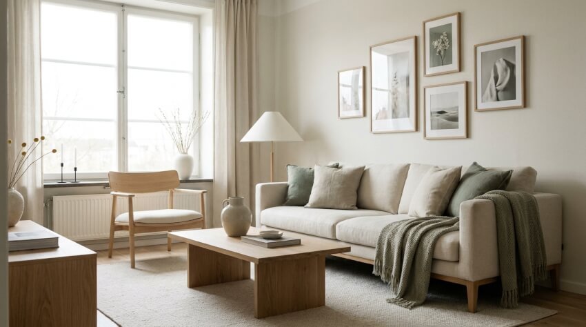 Ett minimalistiskt vardagsrum med en beige soffa, en grön pläd, ett soffbord i trä, en ljus stol, ett stort fönster och inramade tavlor på väggen. Neutrala färger och enkel inredning skapar en lugn och mysig atmosfär.