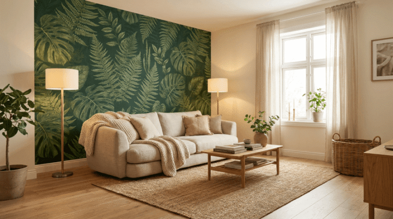 Ett mysigt vardagsrum med en beige soffa, golvlampor, krukväxter, en matta av naturfibrer och en accentvägg med gröna bladväxter. Solljuset strömmar in genom ett fönster med tunna gardiner och skapar en varm och inbjudande stämning.