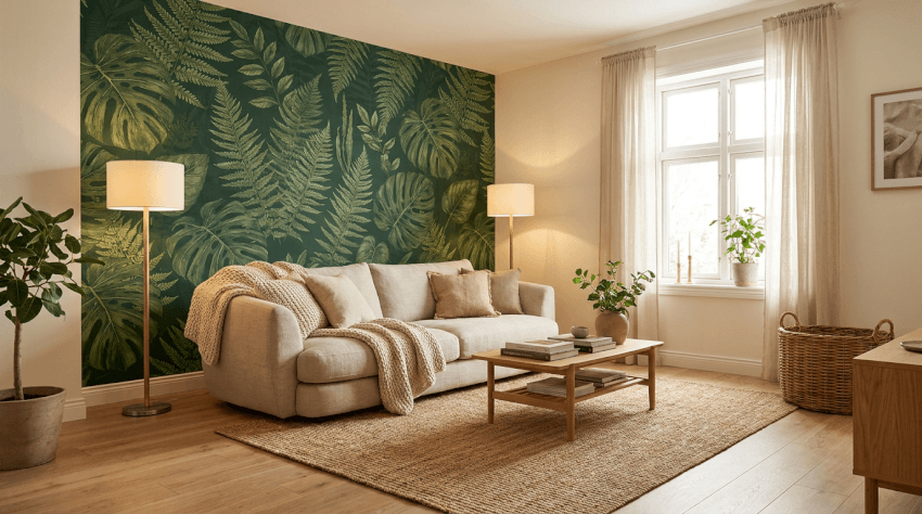 Ett mysigt vardagsrum med en beige soffa, golvlampor, krukväxter, en matta av naturfibrer och en accentvägg med gröna bladväxter. Solljuset strömmar in genom ett fönster med tunna gardiner och skapar en varm och inbjudande stämning.