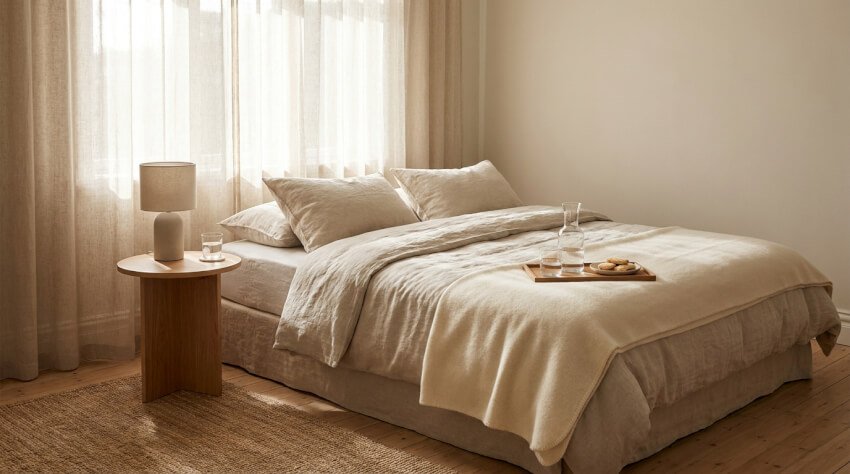 Ett mysigt sovrum med beige sängkläder, ett sidobord i trä med en lampa och en frukostbricka med glas och mat på sängen. Lätta gardiner täcker ett stort fönster, och en vävd matta ligger på trägolvet.